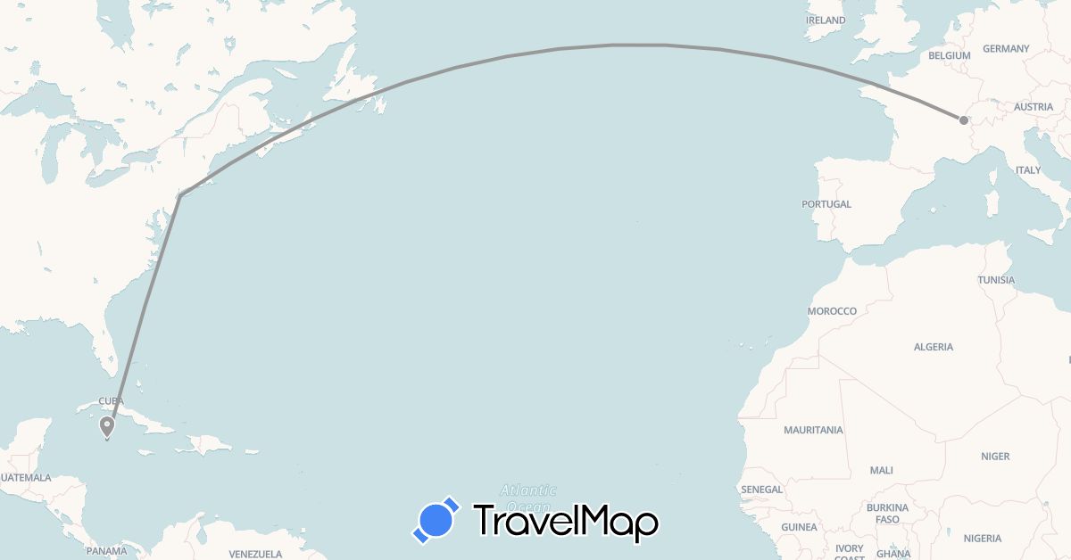 TravelMap itinerary: plane in Switzerland, United States (Europe, North America)